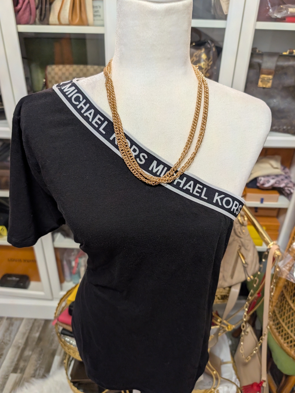 Michael Kors Black One-Shoulder Logo Band Tee